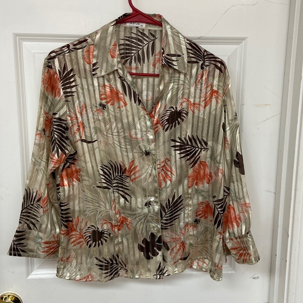 Jaipur metallic semi sheer tropical print blouse size medium